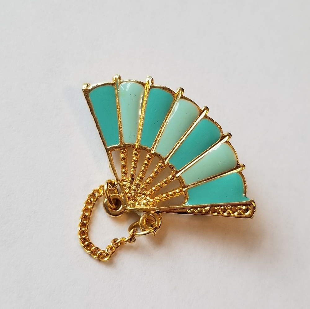 ❗Dita Von Teese Style Teal Gold Fan Brooch❗
